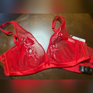 Holiday Elegant Red Embroidered Sheer Bra 34C